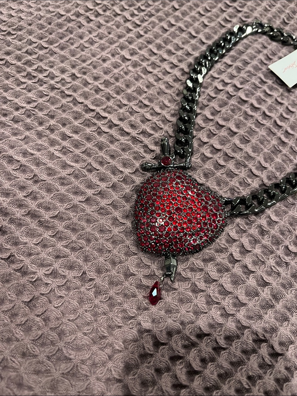 Betsey Johnson Gunmetal Chain Necklace with Red Pave Heart Pendant - Picture 4 of 4